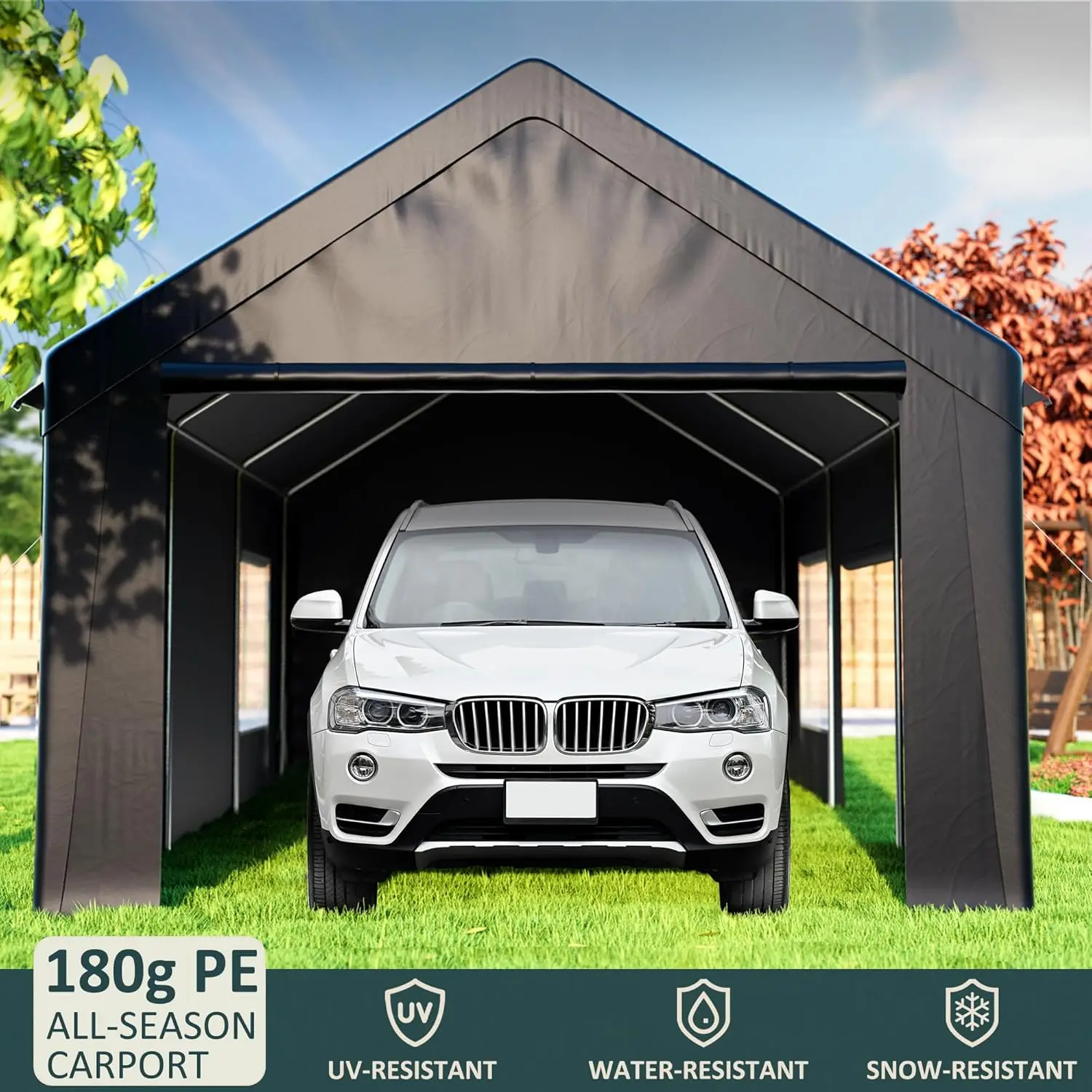 10x20 FT Carport Heavy Duty Portable Garage, Carport Canopy with Side-Opening Door & Roll-Up Windows, Black