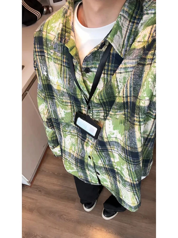 

American Sle Tie Dye Plaid Men's Long Sve irt Vintage Spring Trendy Outerwear Couple's Layered Top Youth Wear