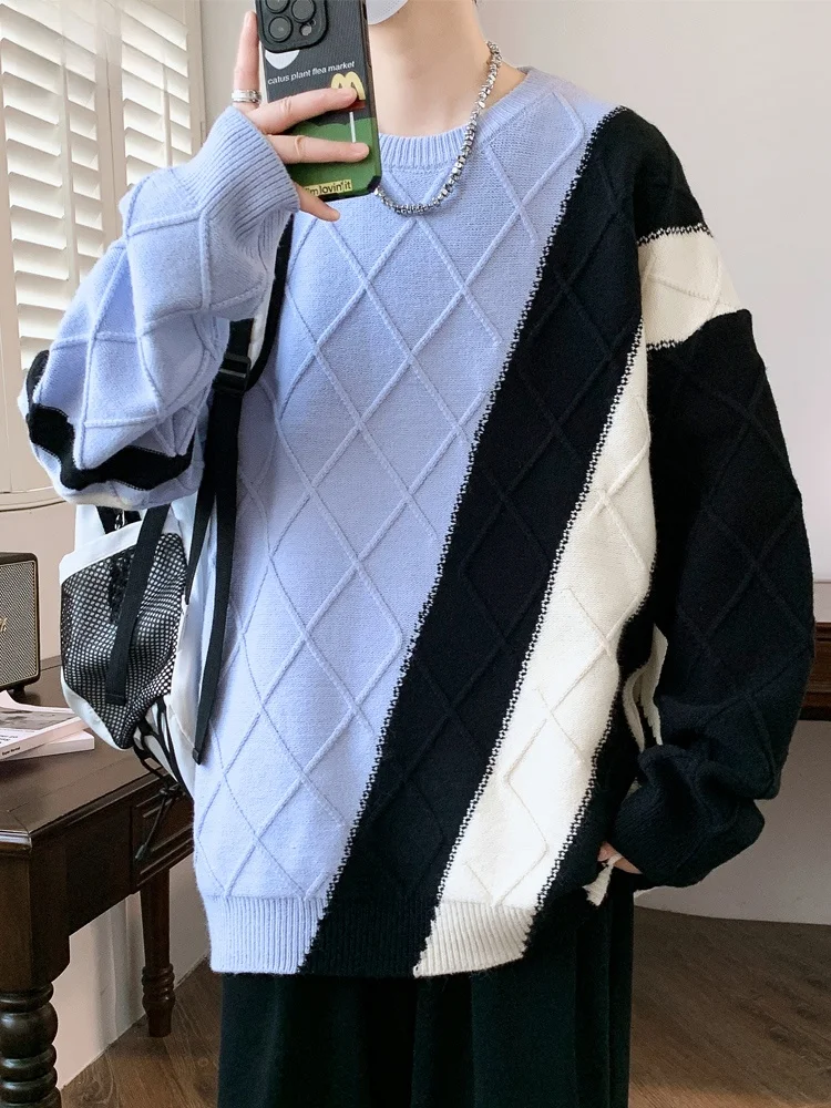 

Japanese Sle Patchwork Knitwear Men's round Ne Pullover Base irt Trendy Autumn Winter New Arrival Faionable Ci Sle