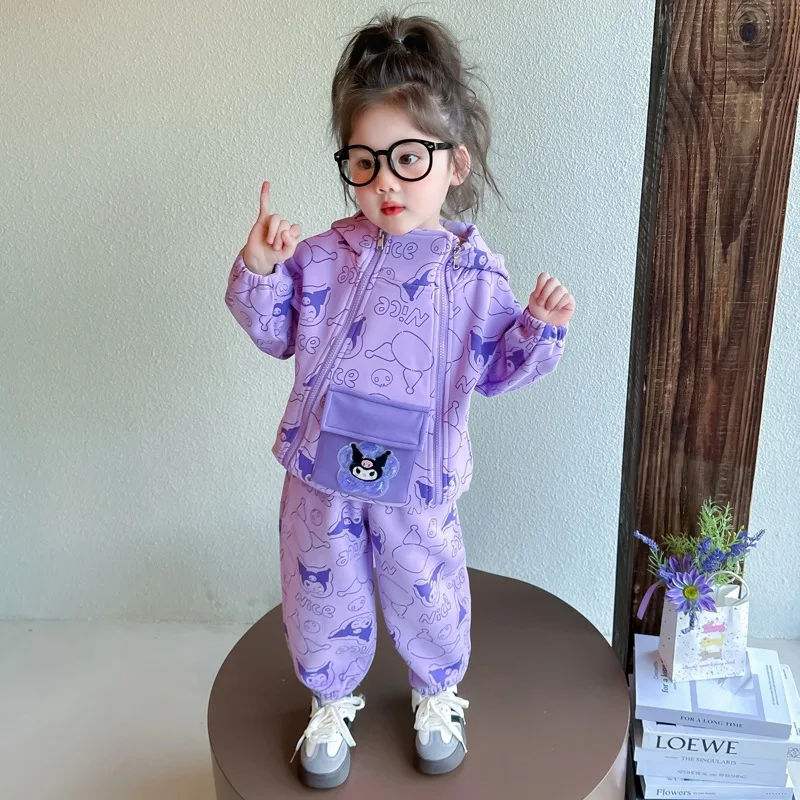

Kuromi Anime Kawaii MINISO Long Sleeve Jacket Pants Set Spring Autumn Cute Coat Fashion Two-piece Set Clothes Gifts for Kids