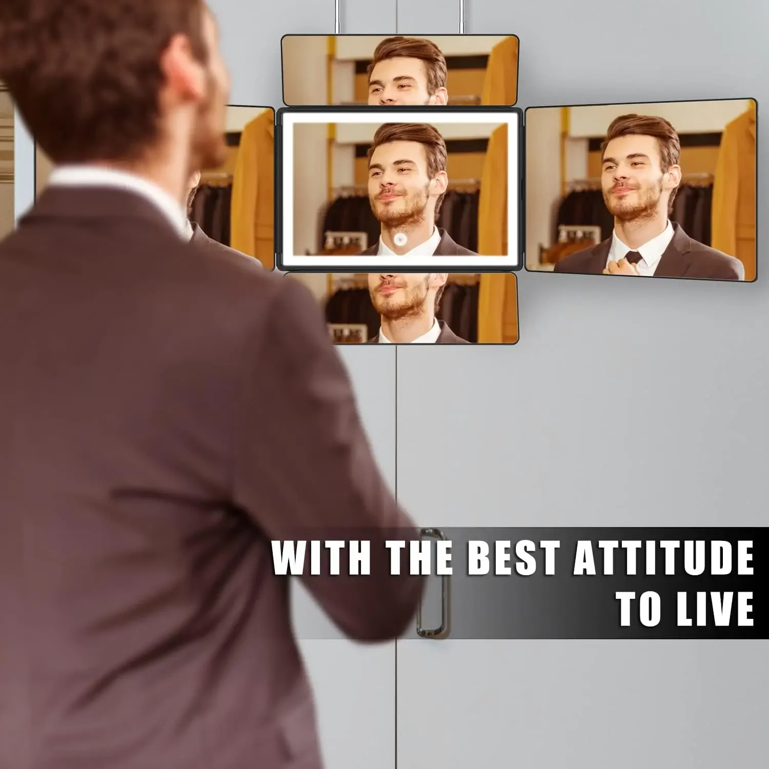 5 caras 360 °   Espejo para cortar y peinar el cabello, antivaho, recargable por USB, altura ajustable, vidrio HD