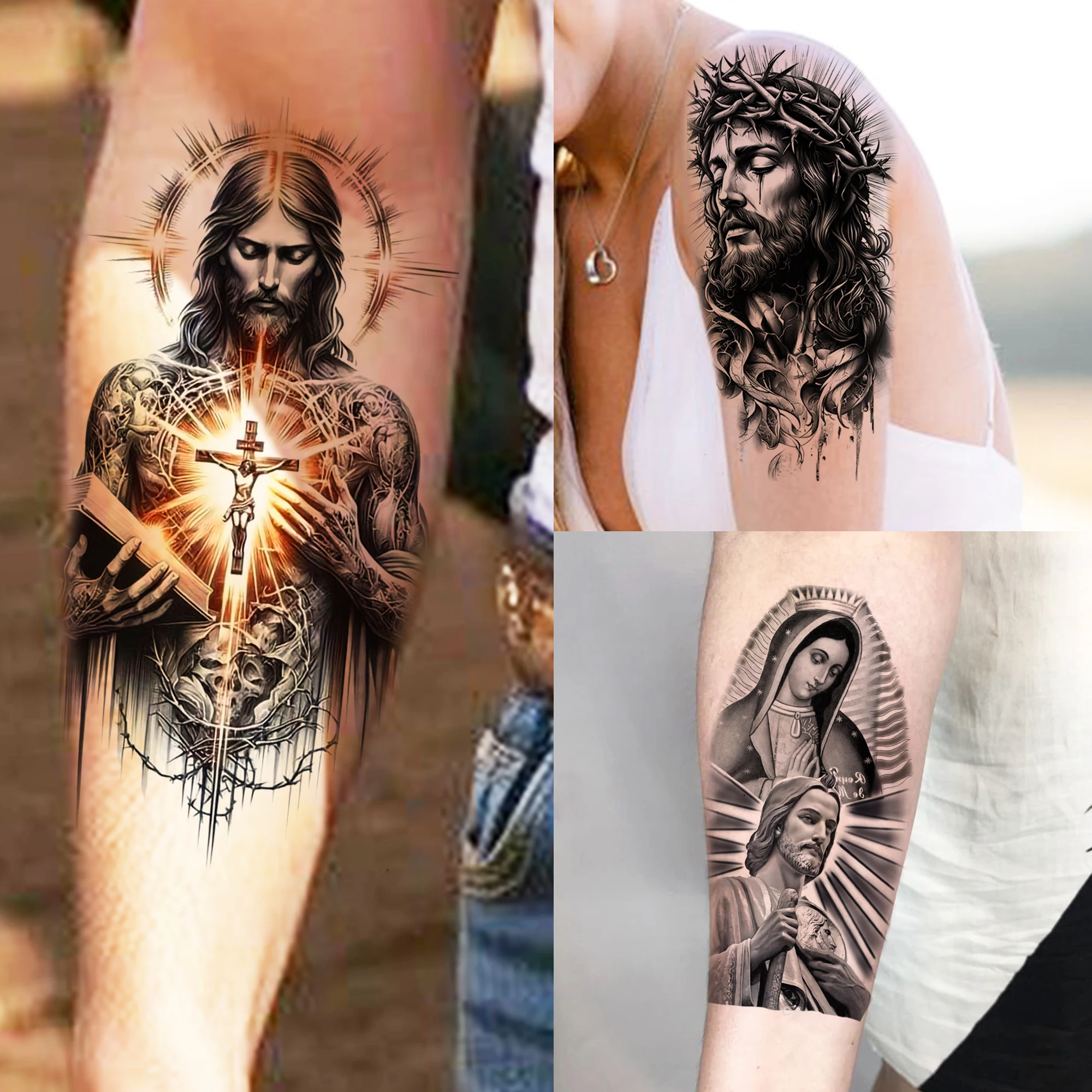 

1 Sheet Holy Mother Jesus Pray Temporary Tattoos For Men Women Realistic Fake Tattoos Waterproof Arm Leg Tatoo Sticker Last Long
