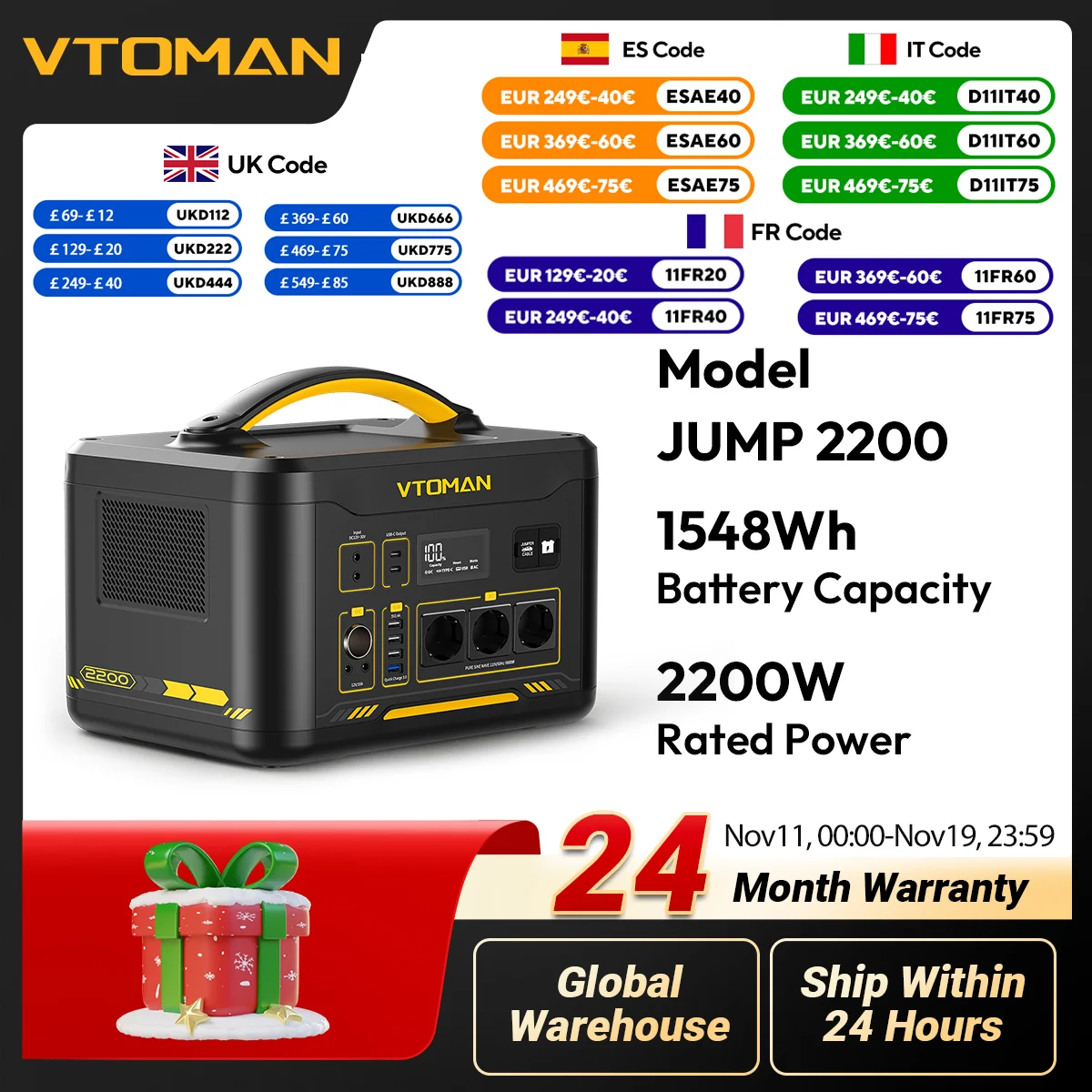 VTOMAN JUMP 2200 Power Station 1548Wh LiFePO4 Battery 2200W AC Output Emergency Power for Outdoor Camping, Home Use, RV Travel