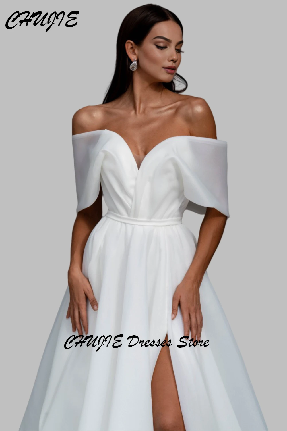 Fora do ombro branco organza vestido de casamento feminino uma linha plissado com fenda lateral plus size vestidos de noiva сudenдебное пла coi personalizado