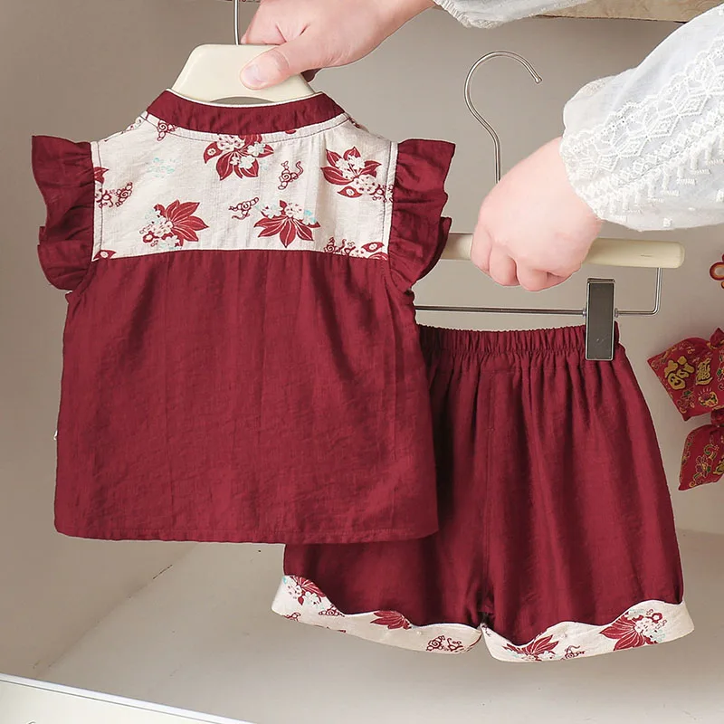 Summer Newborn Girls Clothes Chinese New Year Birthday Cartoon Cute Embroidery Flowers Tops+Shorts+Bag Baby Clothing Sets B299