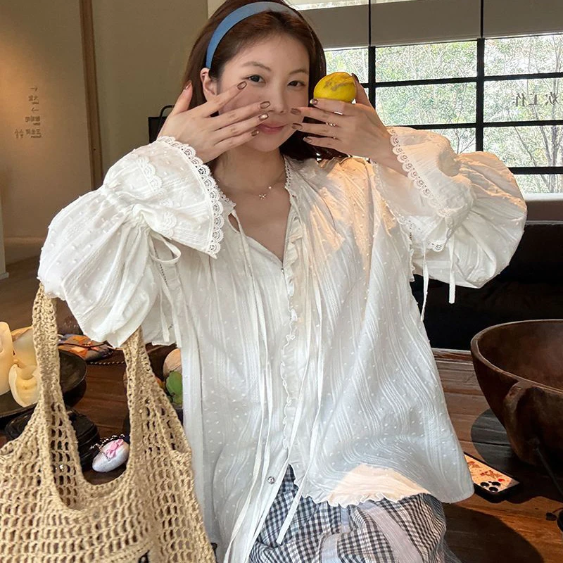 

100% Cotton Lace Patchwork Shirt Women Korean Ruffles Lace Up Flare Sleeve Tops Sweet Kawaii Loose Fashion Blouse Female New