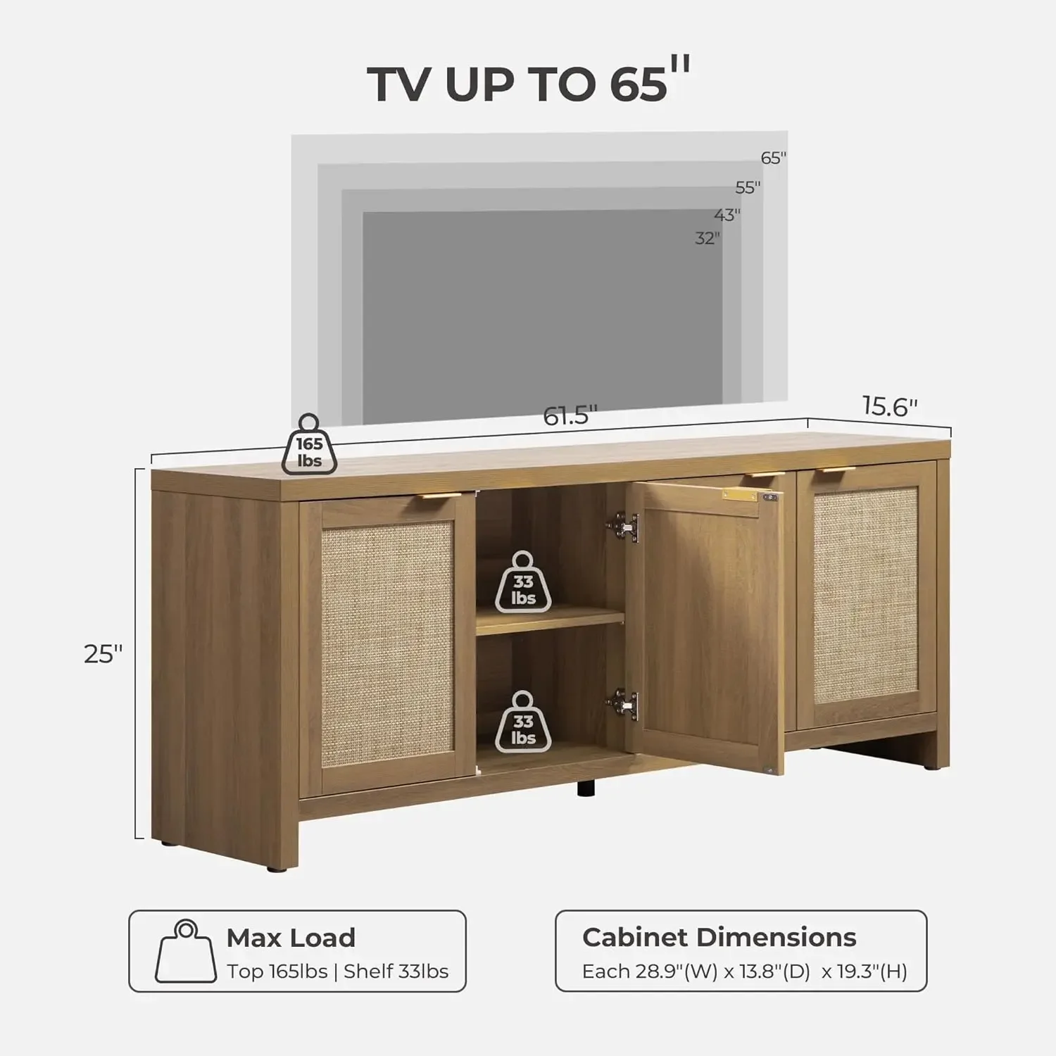 [Limited Stock!]TV Stand for Living Room Rattan Entertainment Center for Bedroom with 4 Rattan Cabinets Farmhouse Television Sta