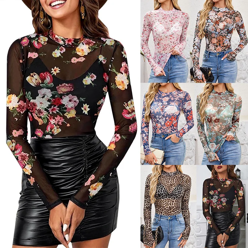 

Women Top Mesh T Shirt Base Layer Flower Print Half High Collar Stretch Sexy Sheer Slim Basis Tops Tees Autumn Office Lady