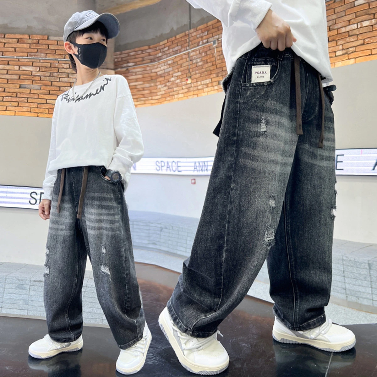 

Boys Vintage Ripped Baggy Jeans, High Waist Straight Leg Streetwear Casual Denim Pants for Kids Teens 4-16Y