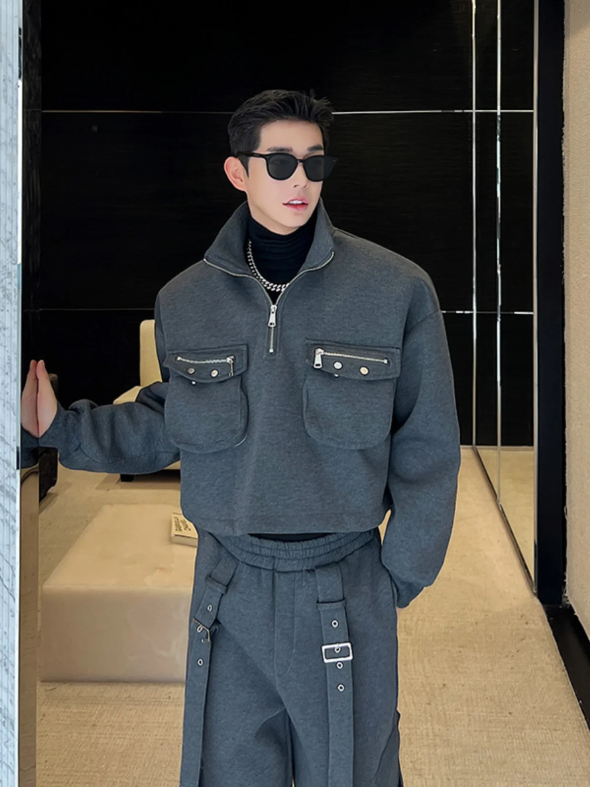 

Осенне-зимний мужской комплект с капюшоном и воротником-стойкой на молнии, длинные брюки с широкими штанинами 3D, винтажный костюм из двух предметов