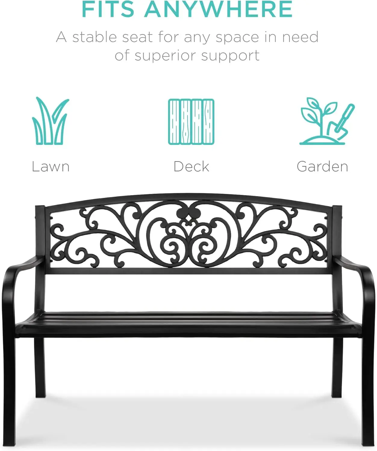 Best Choice Products Outdoor Bench Steel Garden Patio Porch Furniture for Lawn, Park, Deck w/Floral Design Backrest