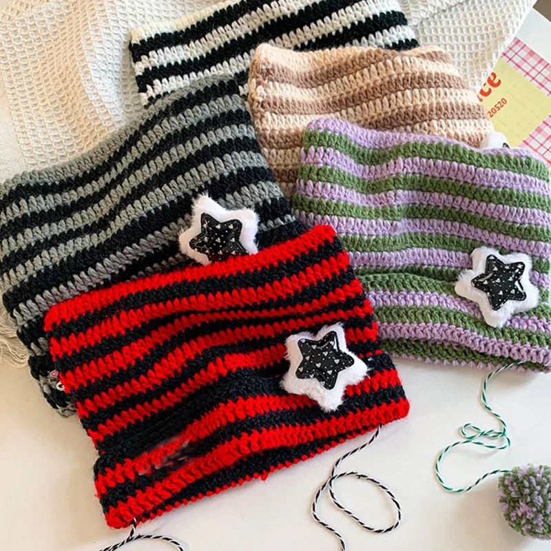 Y2K-gorro de punto con orejas de gato para mujer, gorro de lana a rayas, Jersey puntiagudo con orejas de gato, Skullies Ins, Otoño e Invierno