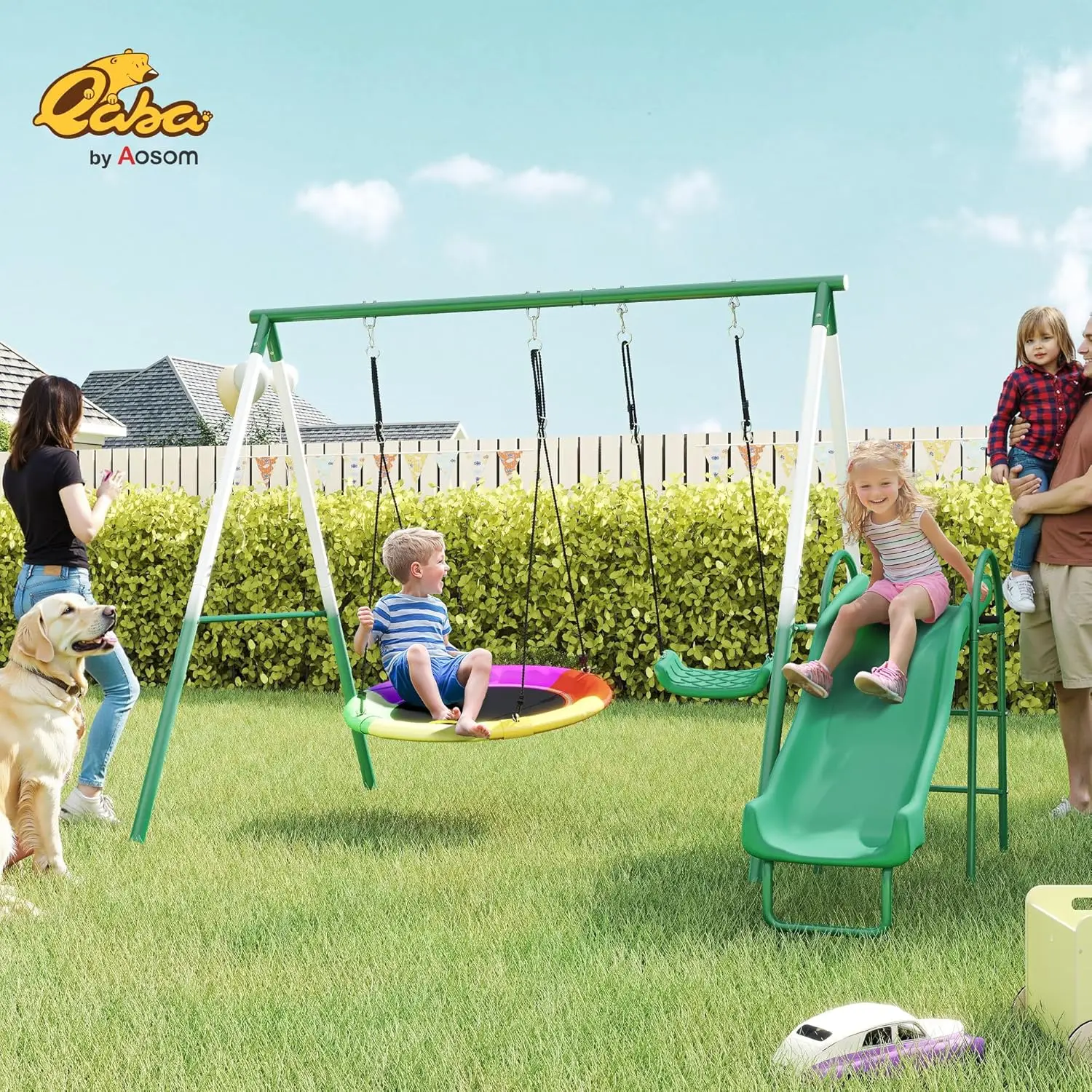 Swing Set for Backyard with Adjustable Seat and Saucer Swing, 5' Slide, Heavy Duty A-Frame Metal Stand Outdoor Playground Playse
