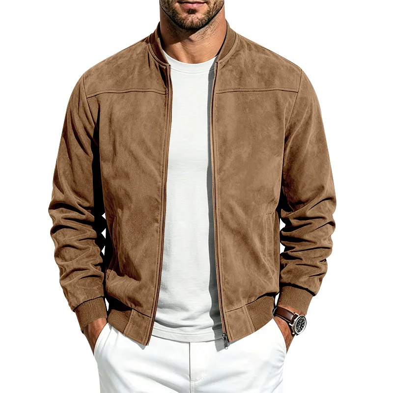 Herren Herbst- und Winter-Freizeitjacke in Übergröße aus Wildleder mit Reißverschluss und Stehkragen, Langarm – Detail 24