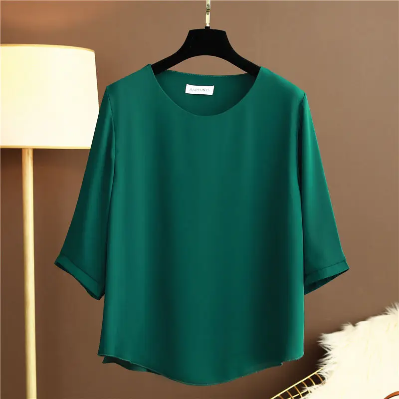 Fashion Women Chiffon Shirt 2024 Summer Half Sleeve Round Neck Blouse Casual Solid Color Loose Oversize Lady Top Blusas Mujer De