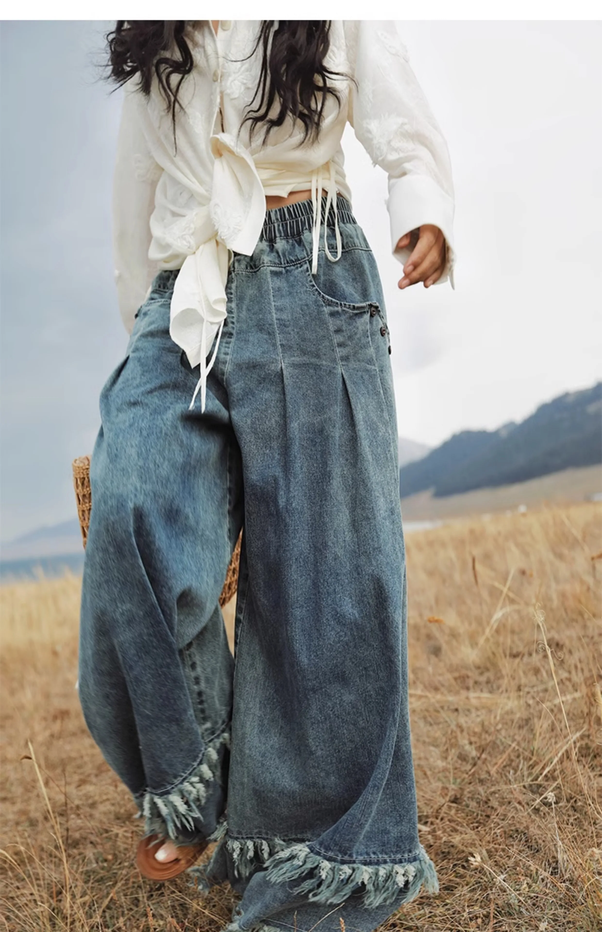 

Spring Summer Women American Retro Blue Washed Distressed Fringe Hem Wide-Leg Denim Pants