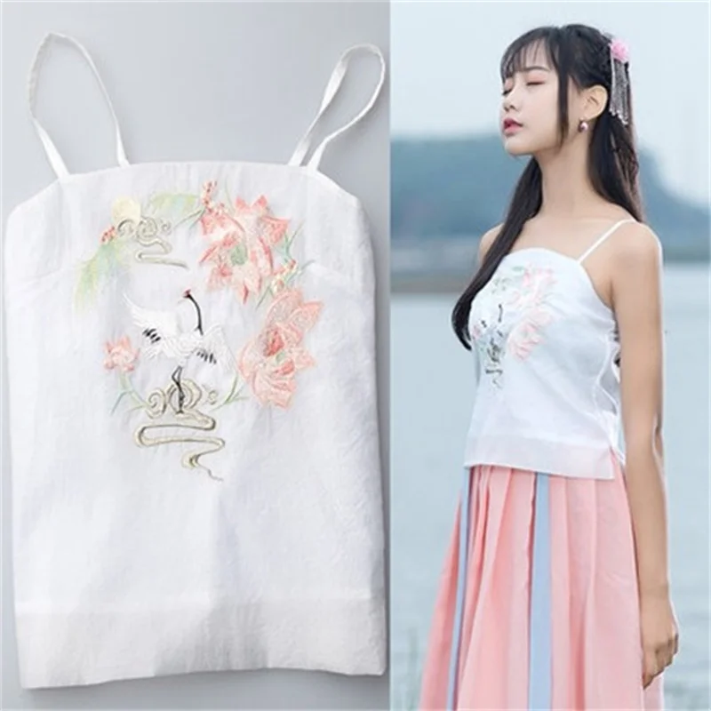 

Hanfu Chinese Ancient Style Suspender Strap Tank Tops Underwear White Embroidery Costume Han Element Innerwear Sleeveless Shirt