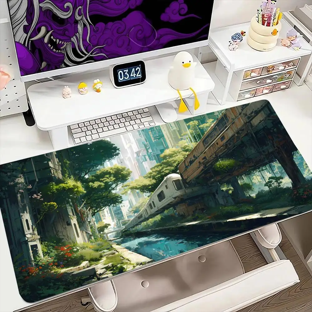 기차 애니메이션 풍경 마우스 패드 대형 컴퓨터 게임 콘솔 고무 미끄럼 방지 잠금 가장자리 키보드 패드 사무실 확장 데스크 패드