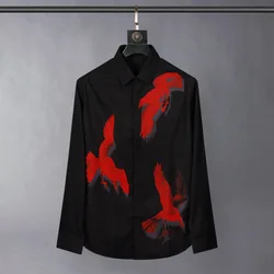 3D Double Sided Swallow Print Men's Shirt High End Long Sleeved Silk Shirt Slim Fit Casual Business Dress Shirts men clothing