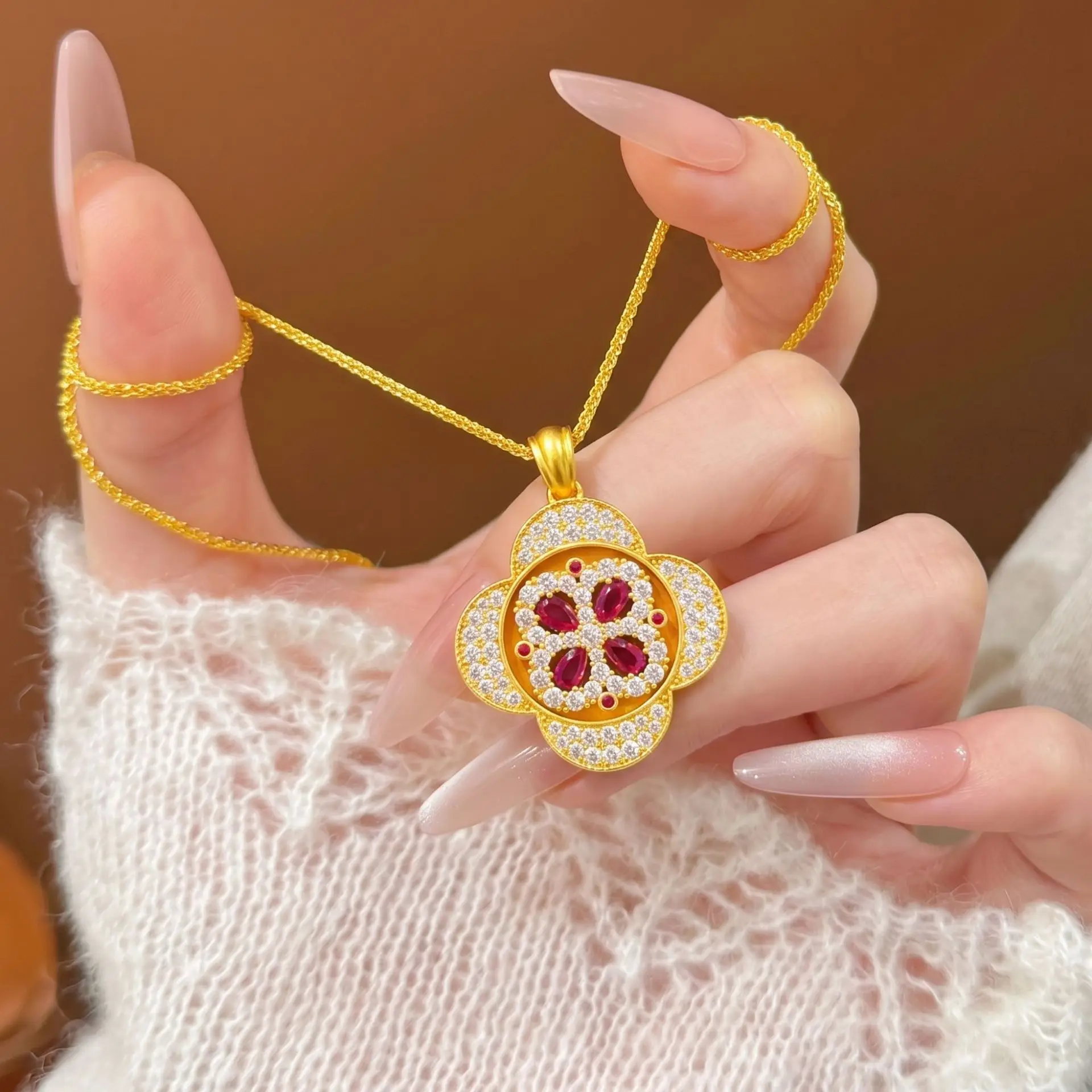 luxury real gold jewelry 9999 24k certifid retro palace style diamond rotating four-leaf flower pendant sweater chain jewelry