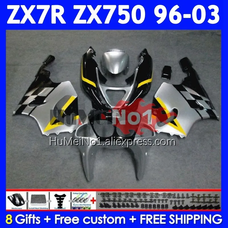 Body Kit For KAWASAKI NINJA ZX 7R 7 R 750 ZX-750 210No.37 ZX750 ZX-7R ZX7R 96 97 98 99 2000 2001 2002 2003 Silver yellow Fairing