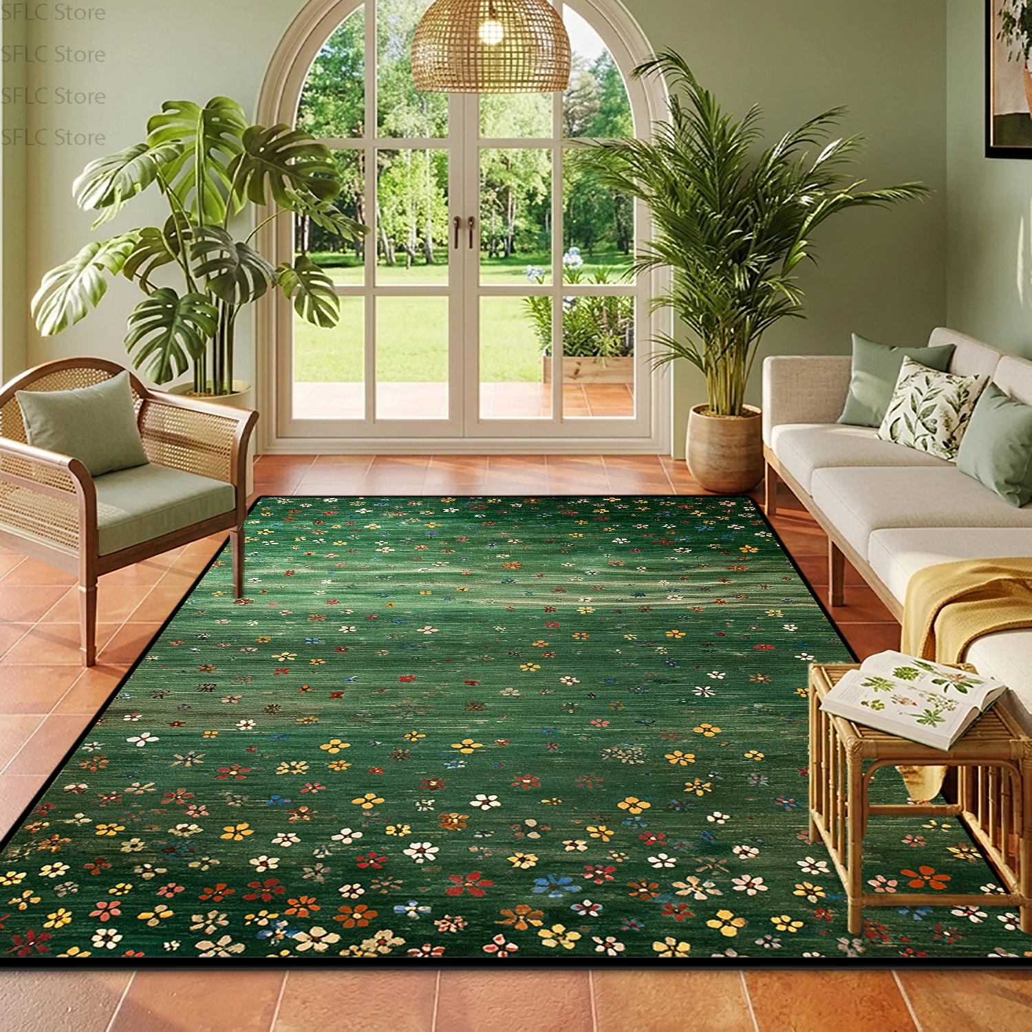 Warmgrüner Teppich im Landhausstil, Niedliche Raumdekoration, Waschbarer Kurzflor-Teppich, Großer Rutschfester Teppich für Couchtische