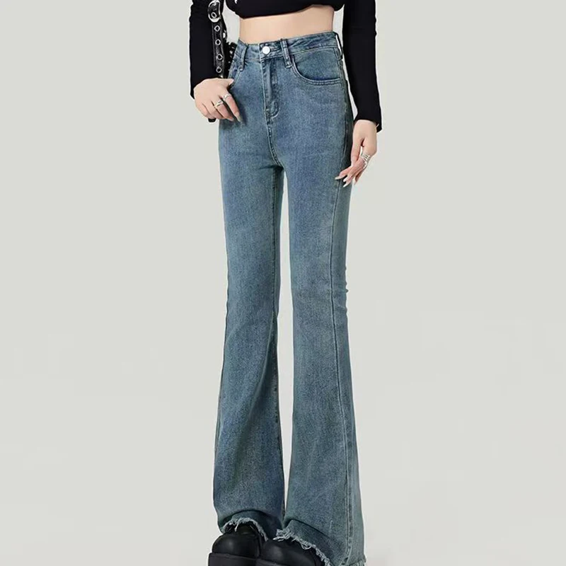 

Джинсы-клеш с высокой талией в стиле ретро, женские весенне-осенние корейские тонкие джинсовые брюки полной длины, женские брюки на молнии на пуговицах Mujer