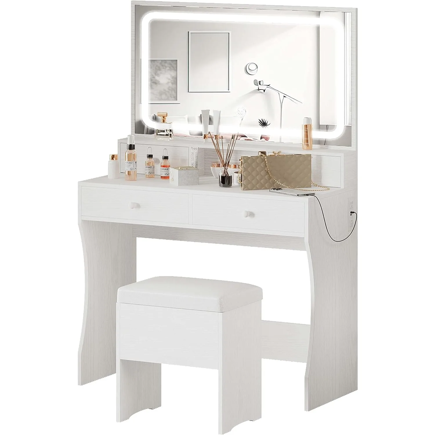 

Vanity Desk Set with LED Lighted Mirror & Power Outlet, Makeup Vanity Table with 4 Drawers,Storage Bench,for Bedroom