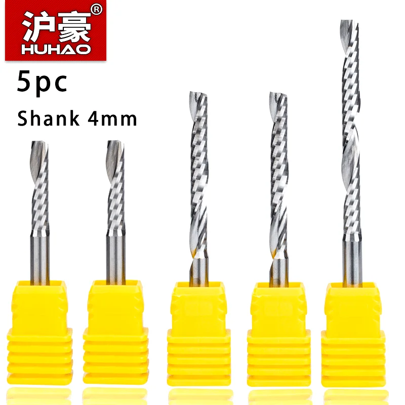 HUHAO 5pcs Acrylic Cutter Single Flute Spiral Up Cut Router Bit Shank 4mm CNC End Mill Tungsten Steel Carbide Milling Cutter