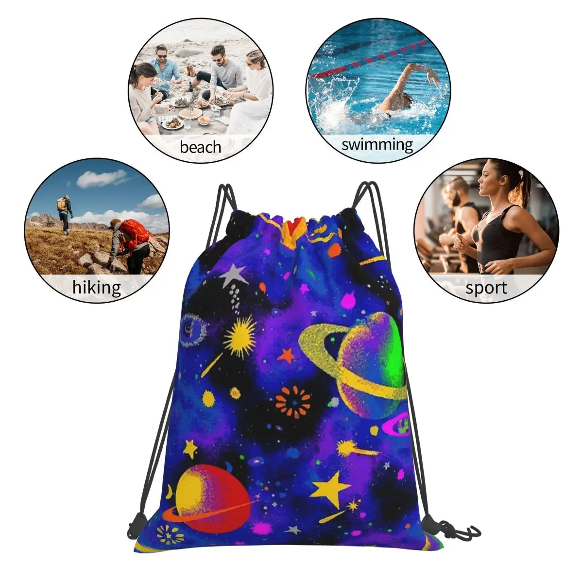 Neon Space Backpacks Fashion Portable Drawstring Bundle Pocket Sundries Bag Book Bags For Travel Students