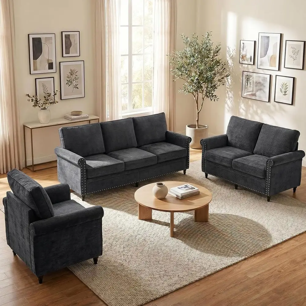 

3-Piece Chenille Sofa Set with Gourd Wood Legs, 6.7 Thick Cushion, Black Living Room Furniture