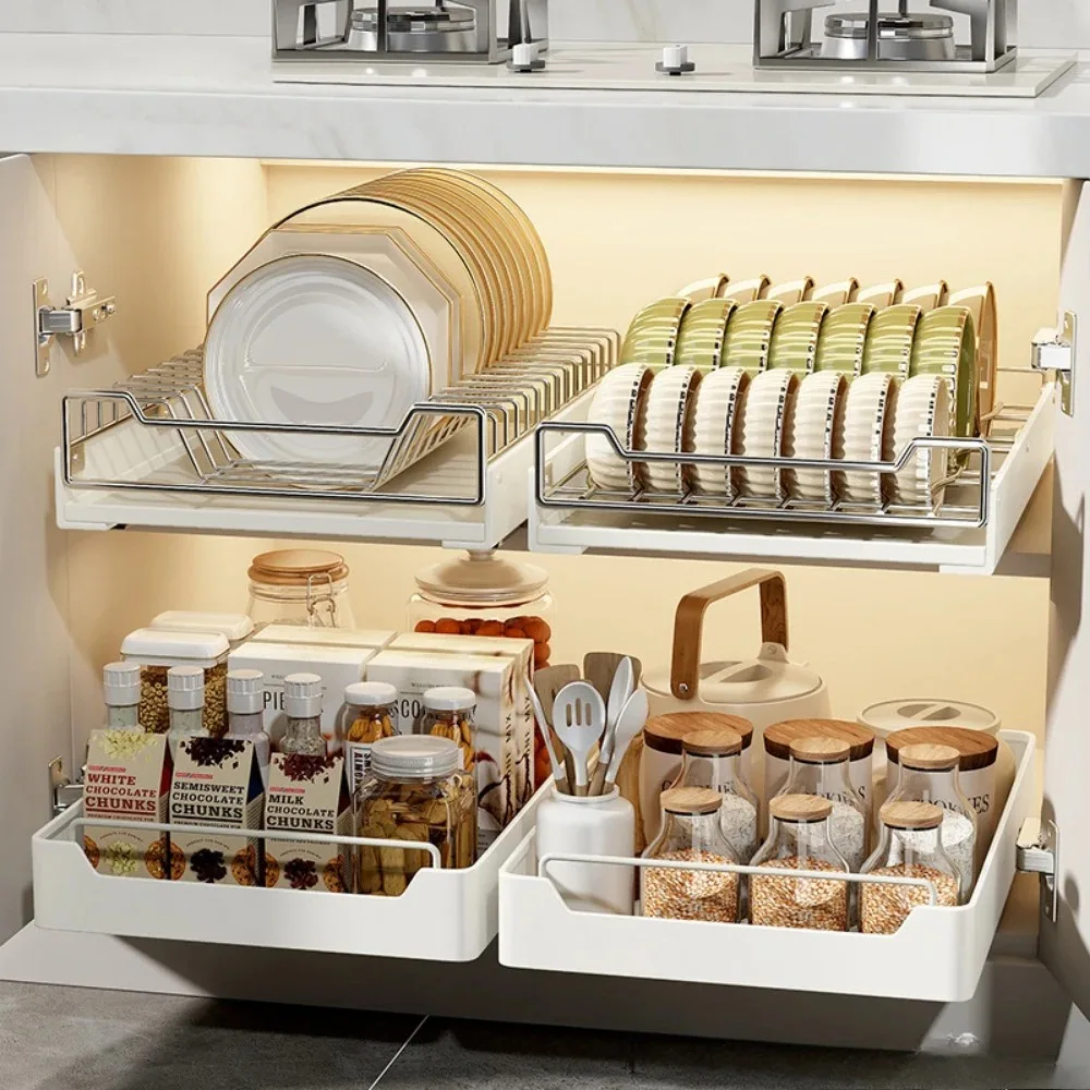 Pull-Out Cabinet Organizer Kitchen Storage Rack with Slide Rails Drawer Style Seasoning Box Under The Sink Versatile Dish Rack