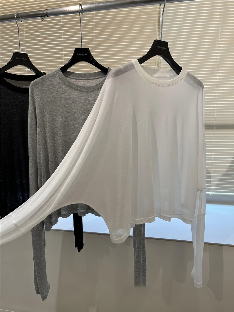 Batwing Sleeves Shirts Cover-up Masking Tees Long Sleeves Korean Y2k T-Shirt Women's Loose Lazy Soft Skin-Friendly Oversize Top
