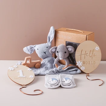 Recém-nascido Dupla Face Cobertor De Algodão, Anel De Madeira, Coelho Chocalho Brinquedos, Escovas De Banho, Cartões Milestone De Madeira, Presente De Nascimento Do Bebê