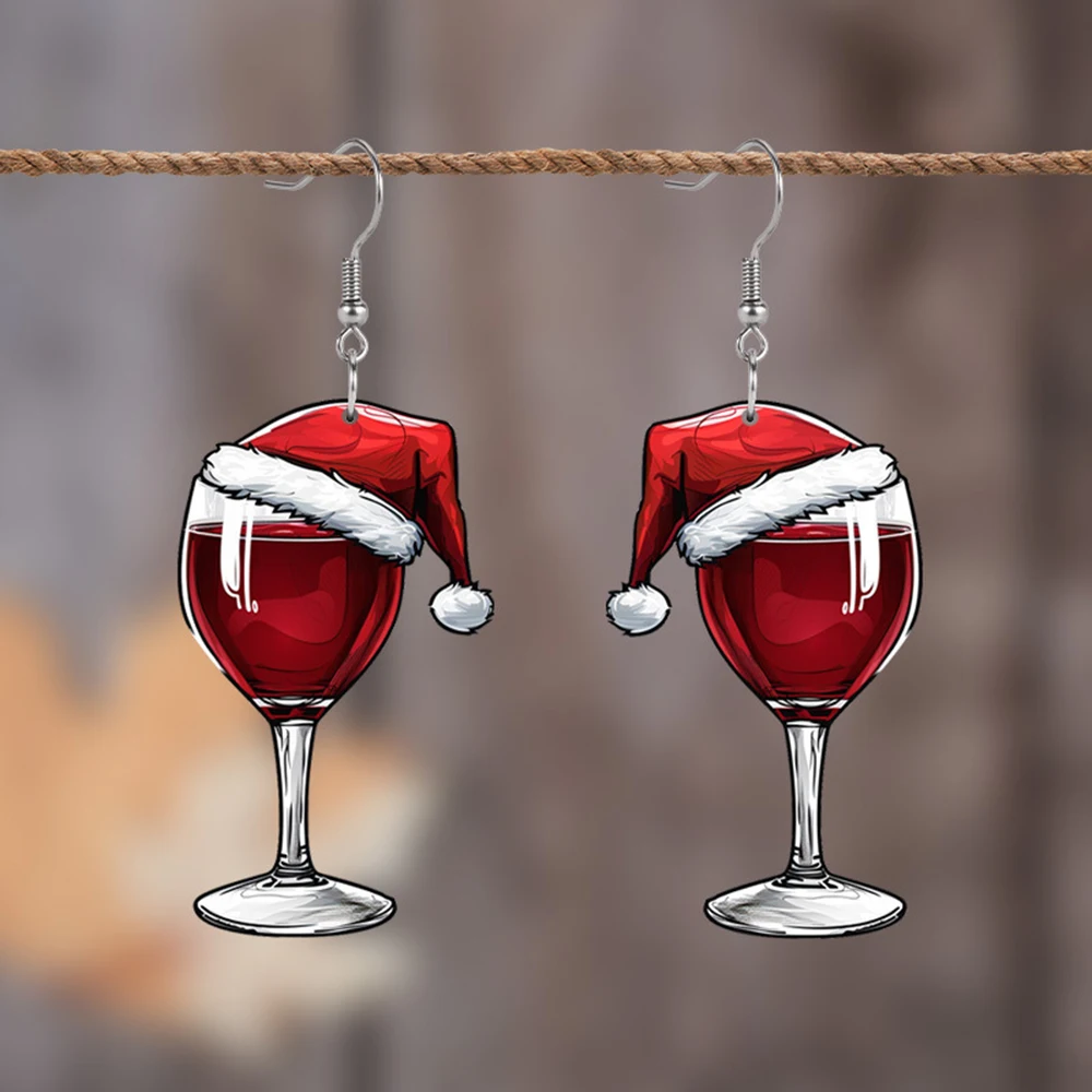 Christmas Red Wine Glass Drop Earrings Christmas Hat New Year Wine cup Acrylic Pendant Earrings Woman Friends Jewelry Gift