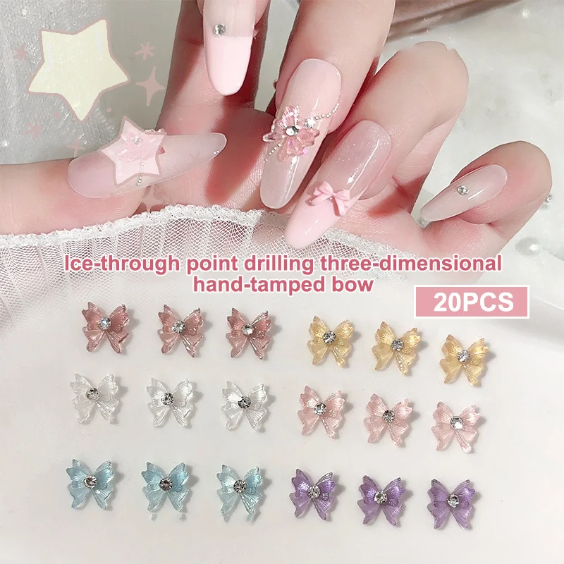 20 個ラウンドラインストーンネイルボウチャームアイス透明クリスタルボウタイジュエリーダイヤモンド樹脂リボン宝石アクセサリー