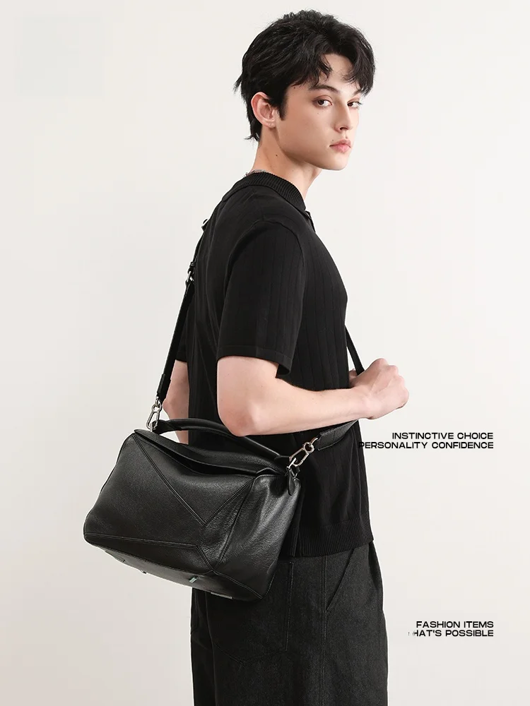 Casual Men's Crossbody Bag Diamond Geometric Splicing Leather Shoulder Bag Lightweight Single Strap Bag for Youth with Zipper