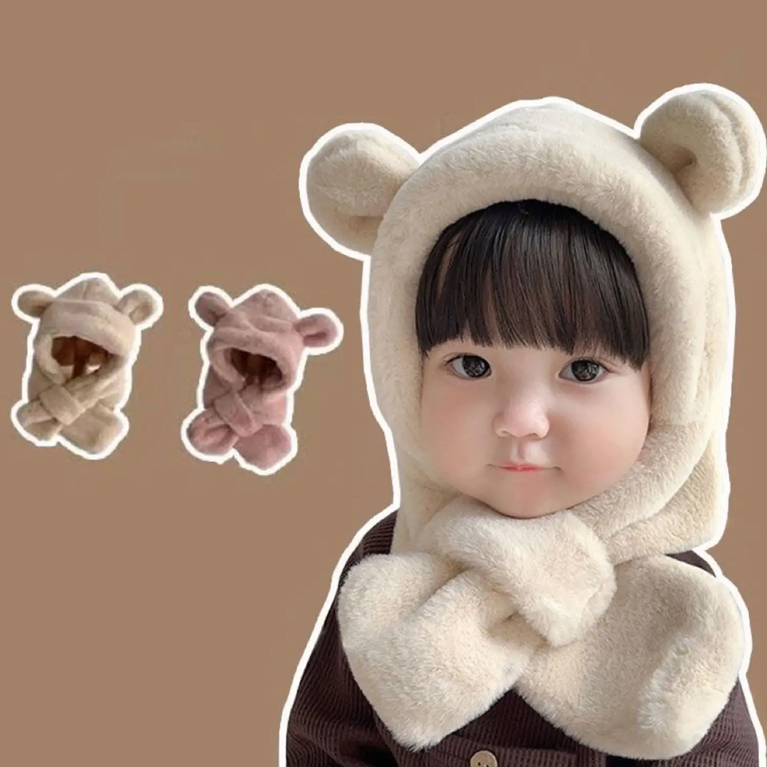 

Winter Baby Hat Scarf One-Piece Faux Fur Kids Hats Cartoon Bear Warm Neck Ear Cap for Boys Girls Windproof Beanies Infant Stuffs