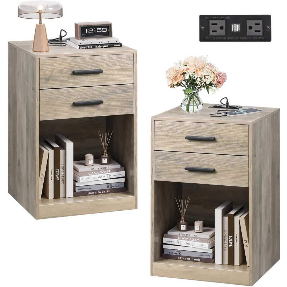 

Пара деревянных тумбочек с зарядной станцией и хранилищем, идеально подходят для спальни и гостиной