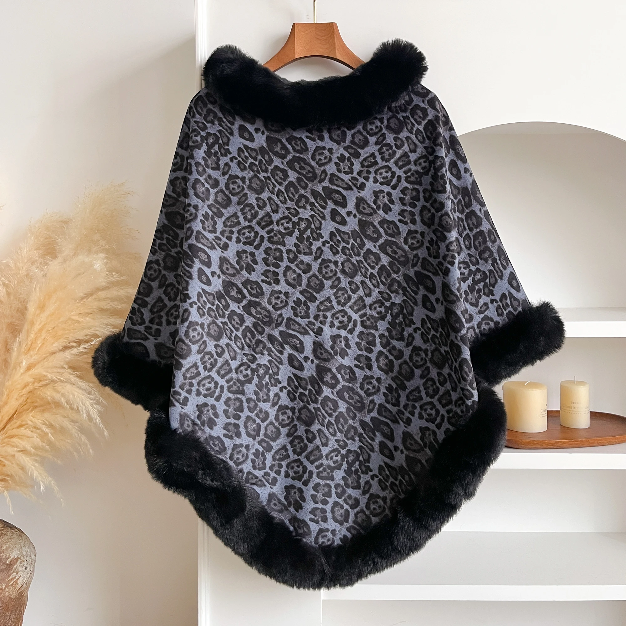 Leopard Print Faux Rabbit Fur Poncho Coat for Women Thick Warm Fluffy Lining Pullover Cape Winter Fashion Wrap Shawl