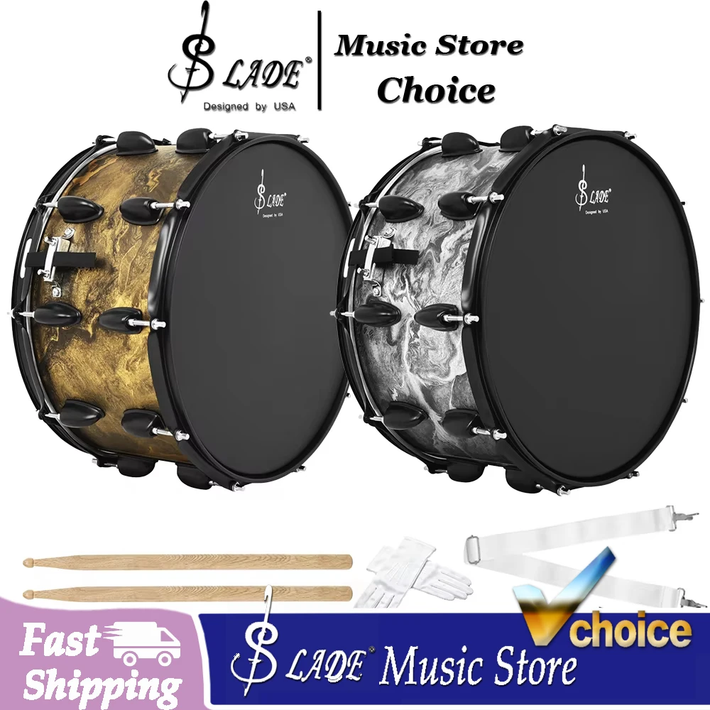 SLADE 14Inch Snare Drum Poplar Wood Shell 10 Lug Marching Snare Drum with Stand Strap for Student Band Practice Performance