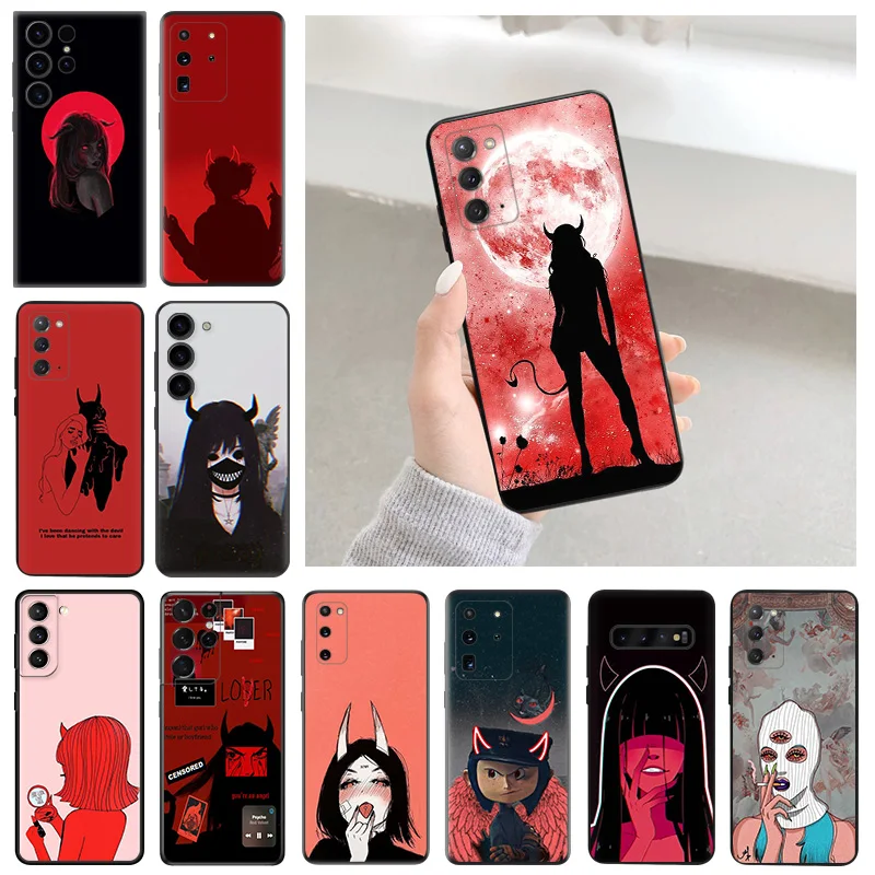 Hoesjes Voor Samsung S24 Galaxy S21 Fe S22 S23 Ultra 5G S20 Plus S10 Lite Sexy Duivel Shadow Girl Woman Luxe Zachte Telefoonhoes Cover