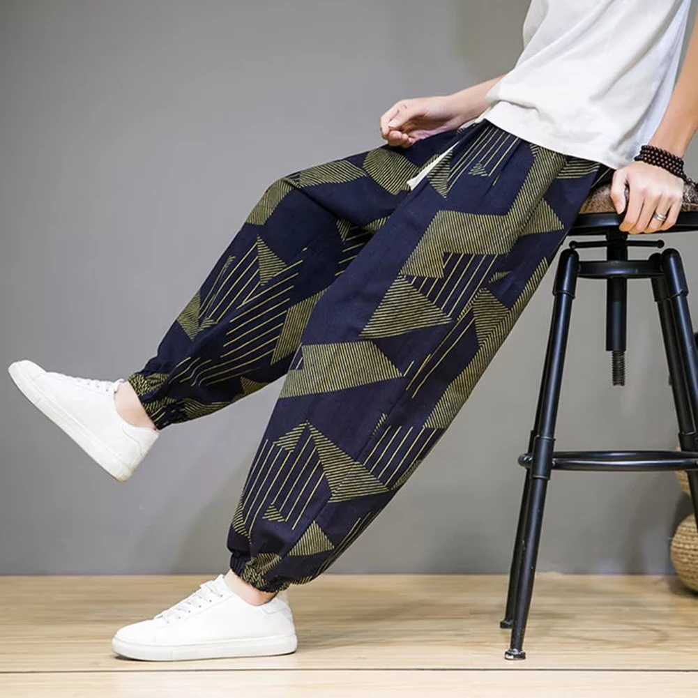 Pantaloni Harem da uomo pantaloni sottili con stampa in stile cinese alla moda pantaloni larghi in lino di cotone Casual a contrasto di colore