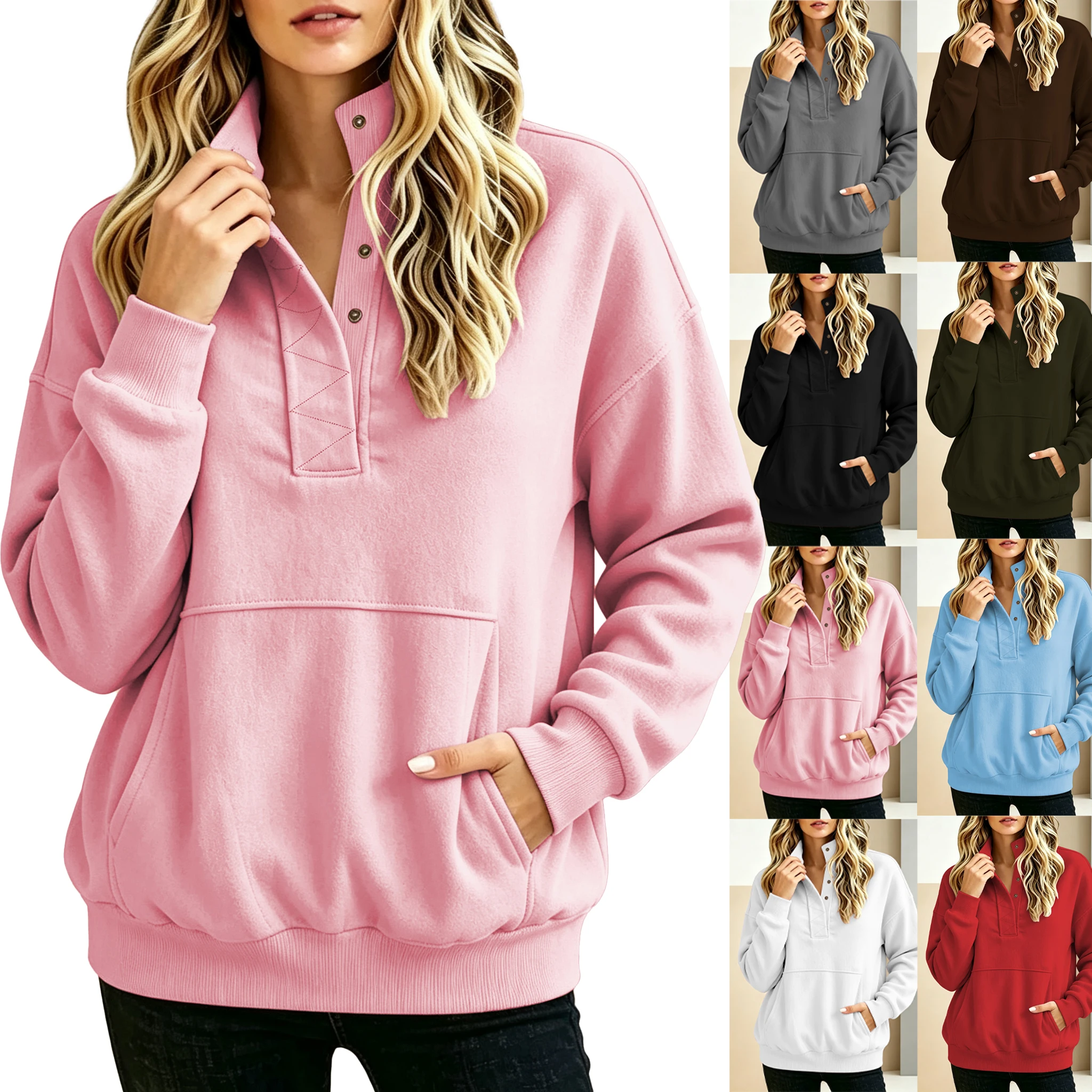 Women's Long Sleeve Pullover Sweatshirt with Buttoned Kangaroo Pocket, Solid Color Casual Fashion for Fall/Winter