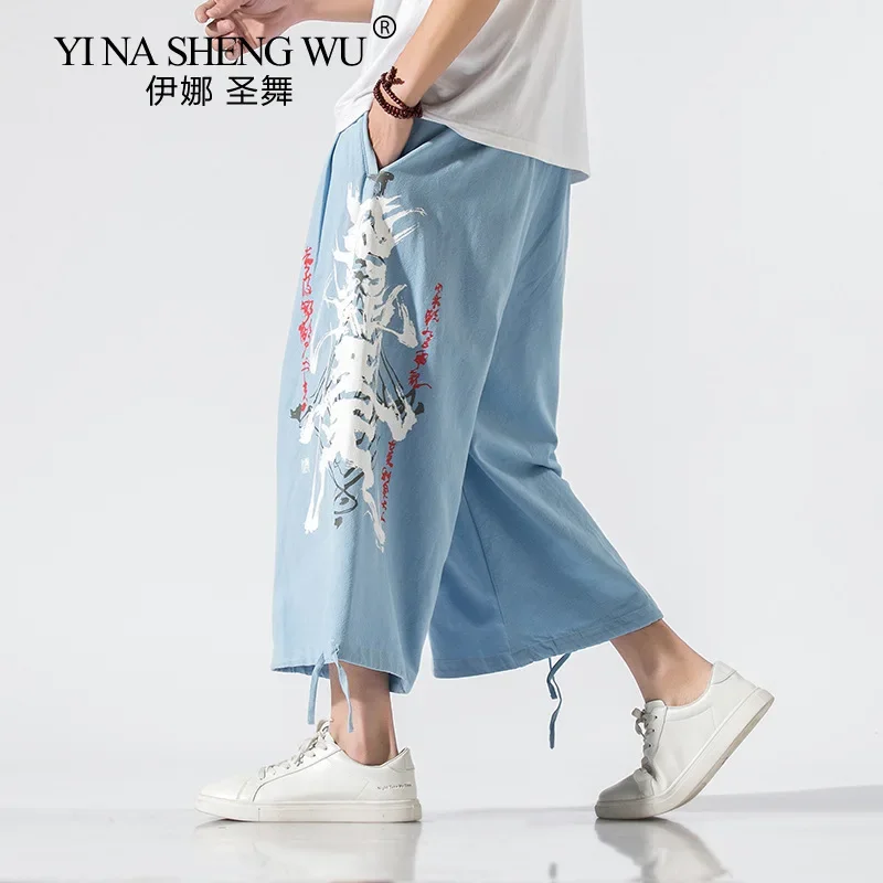 

Chinese Style Creative Printed Cotton Linen Wide Leg Pants Men Fashion Tai Chi Kung Fu Pants Summer Straight Leg Pants Kimono
