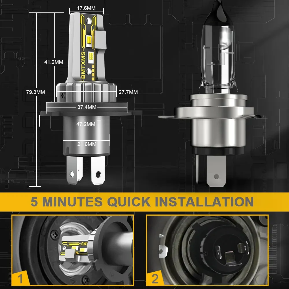 BMTxms 1/2 pezzi H4 9003 LED lampadina per fari moto Canbus CSP fanless con fascio alto/basso per Audi Honda H4 lampadina a LED faro