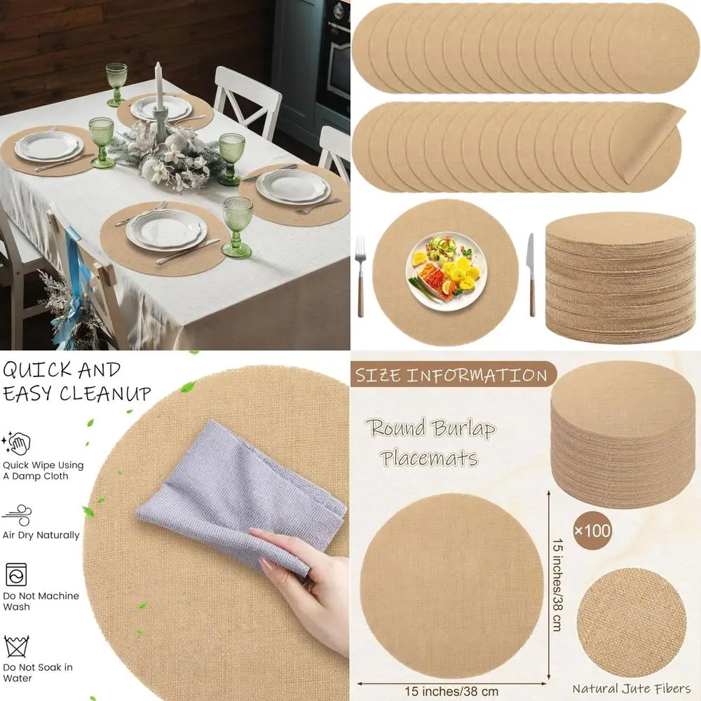 

Natural Jute 15 Round Burlap Placemats, 100-Pack, Reusable & Rustic, Perfect for Dining, Weddings, and Holiday Decor