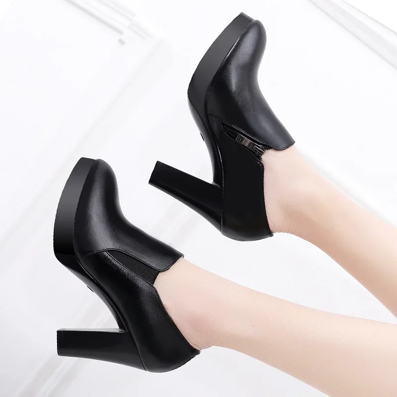 Deep Mouth Platform Pumps Block Heel Shoes 2023 Fall Split Leather Shoes Women High Heels Office Party Shoe 41 42 43