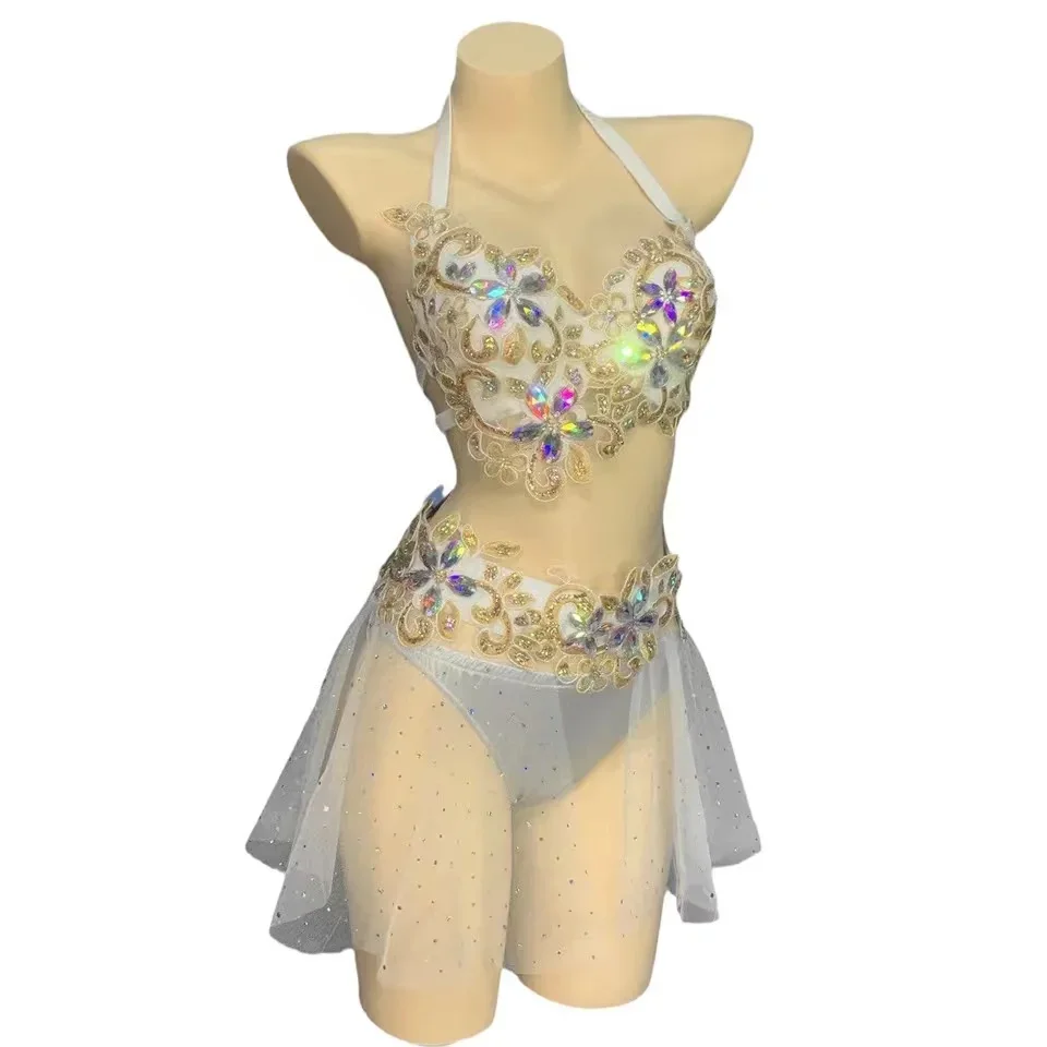 Belly Dance Costume Set Sexy Women Carnival Bra Transparent Skirt Panty Luxury Stage Performance Wear Singer Rave Outfit  2024