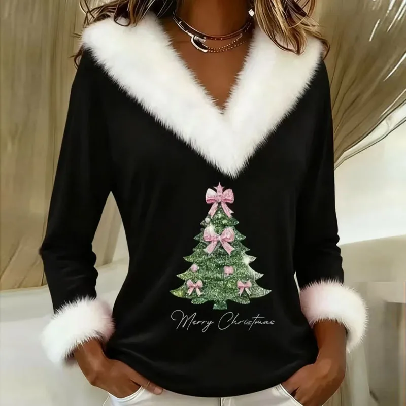 クリスマスツリーサンタクロースプリント女性ブラウスエレガントなファー V ネックファッショナブルなトップスプルオーバー秋長袖パーティーシャツ Mujer